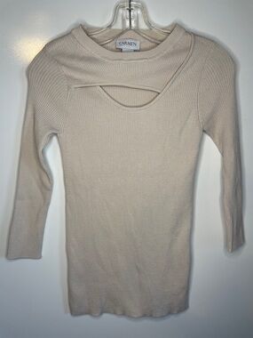 Carmen Marc Valvo Ribbed Knit Cutout Long Sleeve Top Small Beige